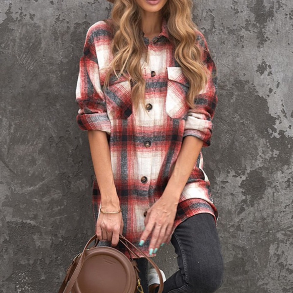 Red Plaid Button up Shacket Jacket y2k - Picture 2 of 5